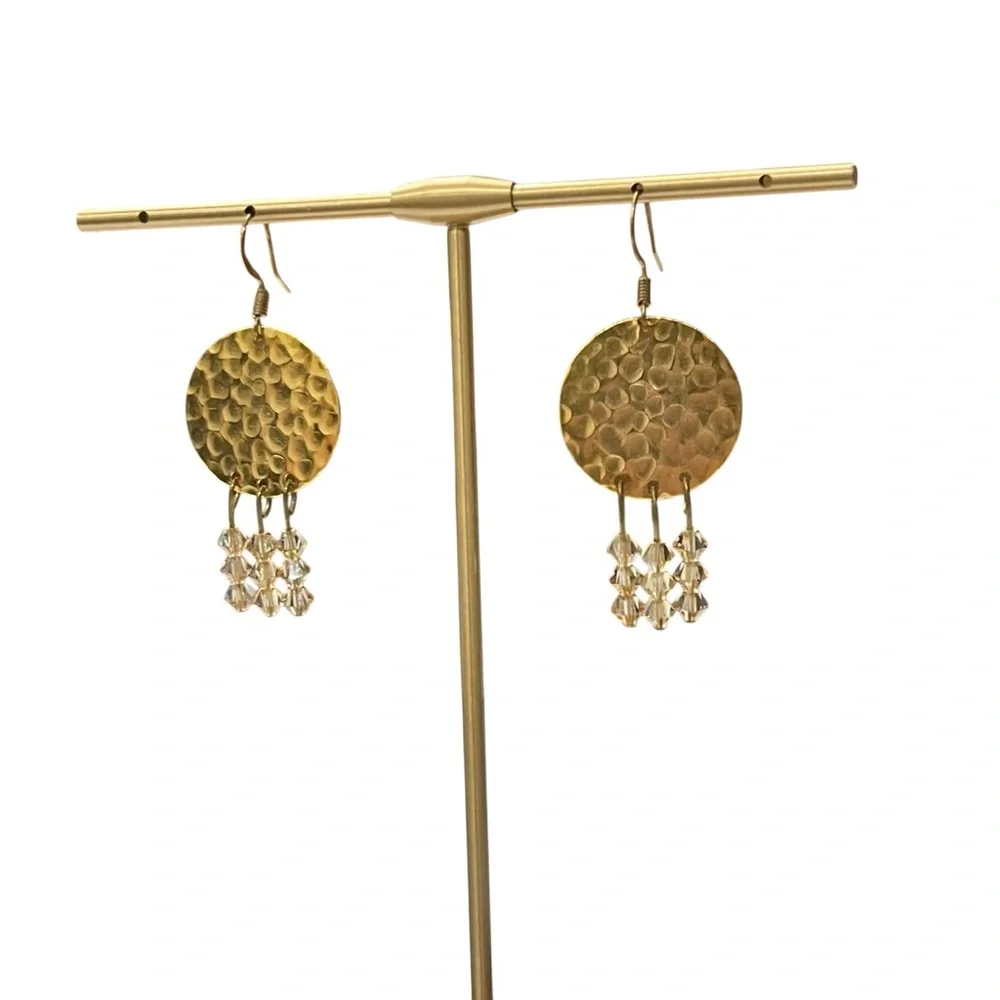 Gold Tone Hammered Earrings‎ Dangling Beads 2” Dressy Lightweight Boho Casual